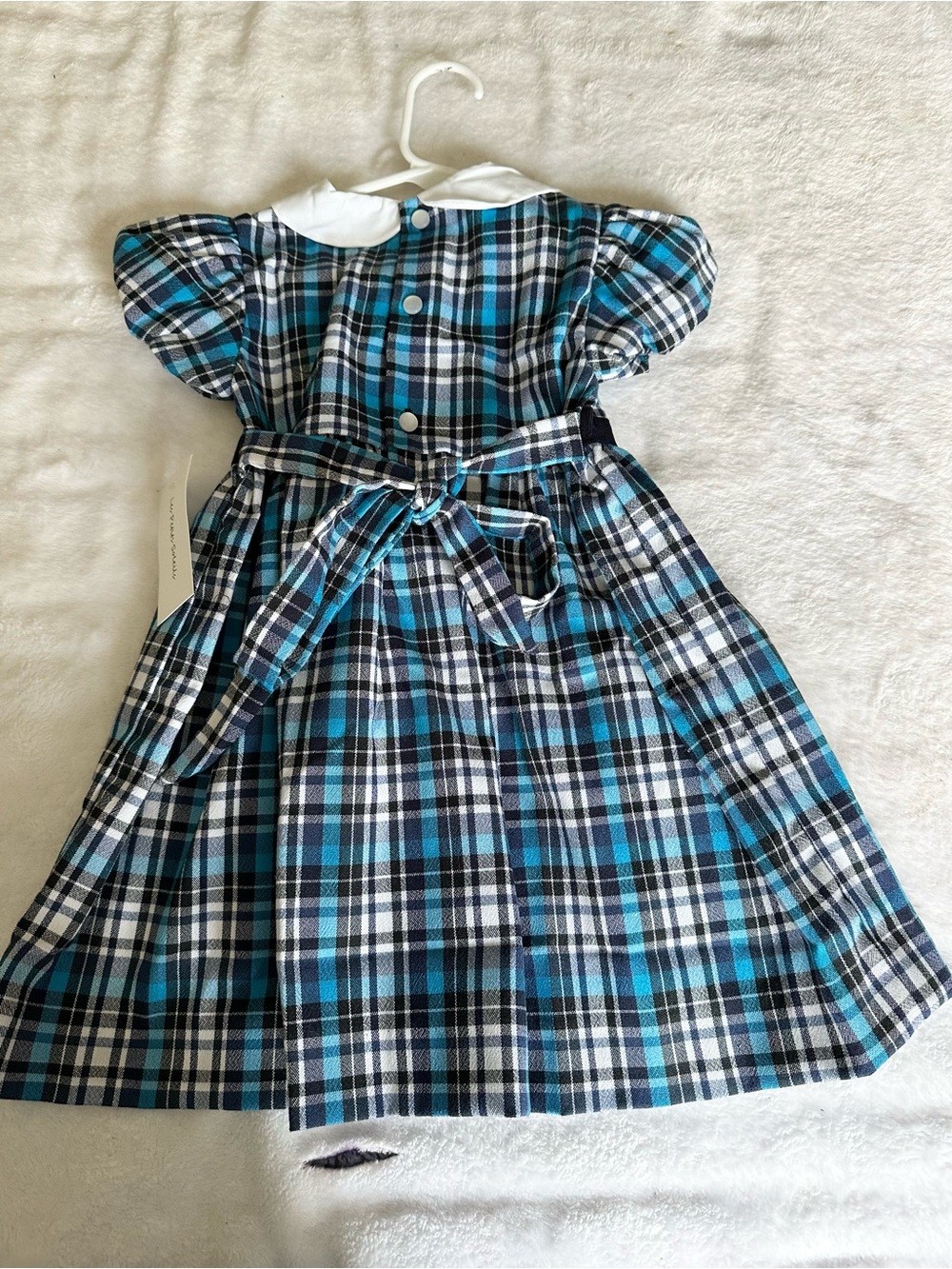 Girls' Teal and Navy Plaid Dress with White Peter Pan Collar